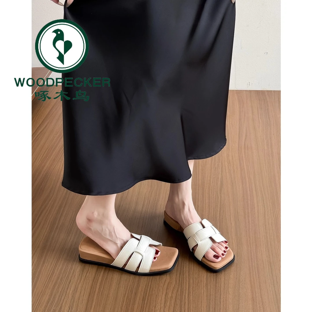 啄木鸟厚底拖鞋女夏季外穿2025新款休闲百搭沙滩一字方头绝美凉拖