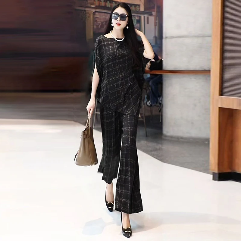 大码女装两件套宽松休闲衬衫套装醋酸提花上衣搭阔腿裤时髦套裤女