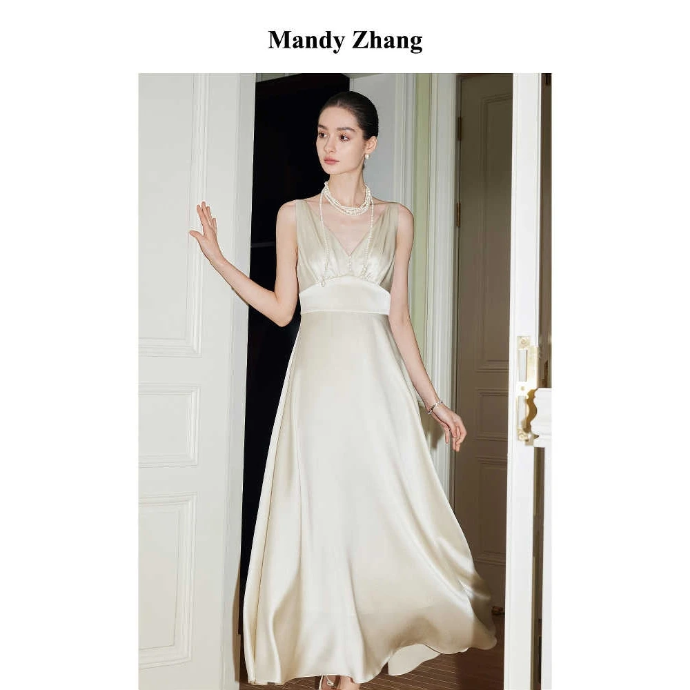 MandyZhang格蕾丝深V领重磅醋酸缎面连衣裙女夏季新款浪漫礼服裙