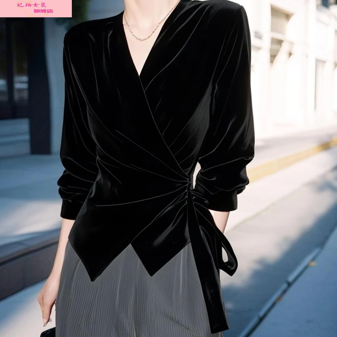 妃袖商场外贸女装撤回秋冬季独特别致v领丝绒设计感收腰长袖上衣