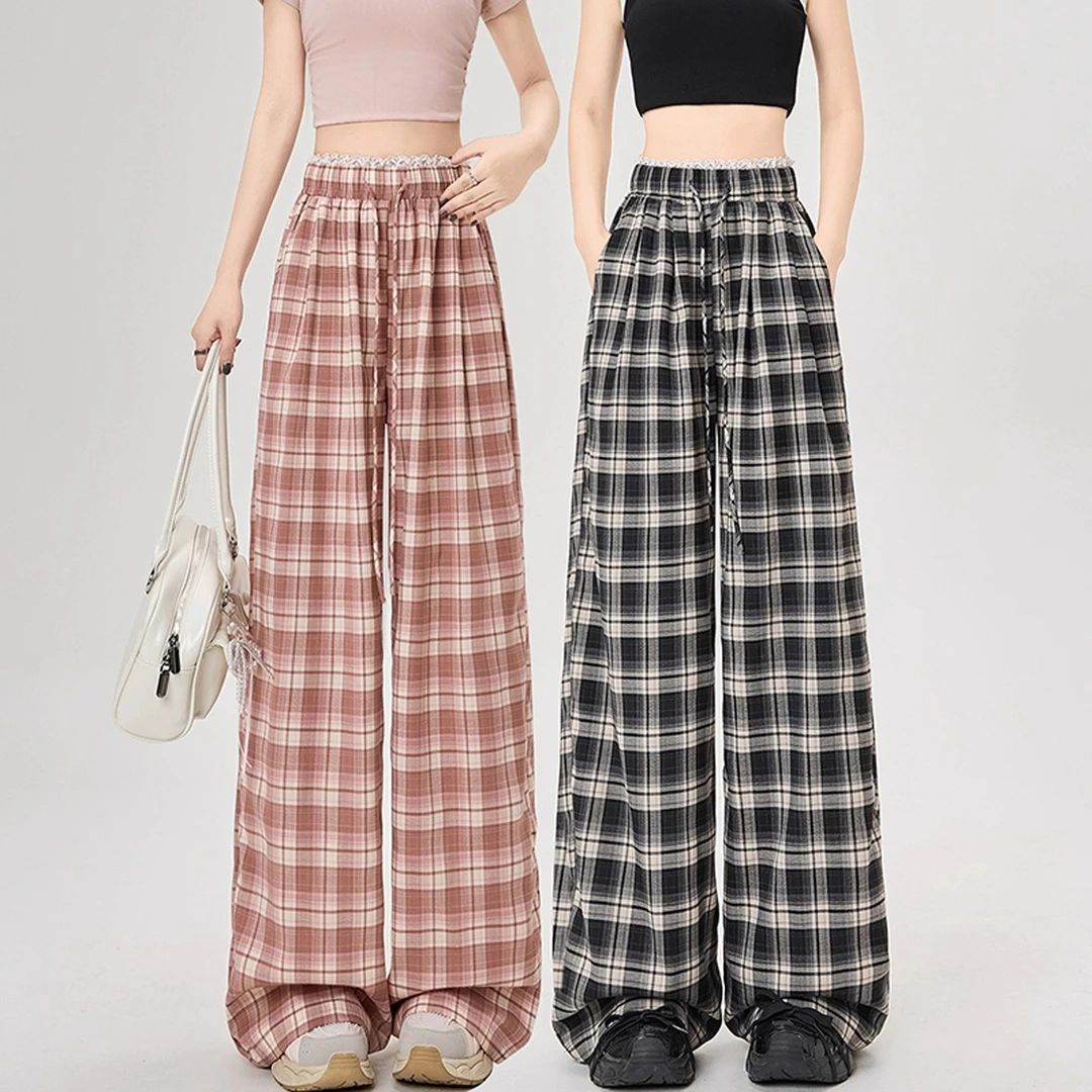 格子阔腿裤女宽松2025夏季新款高腰蕾丝抽绳慵懒花边直筒休闲甜酷