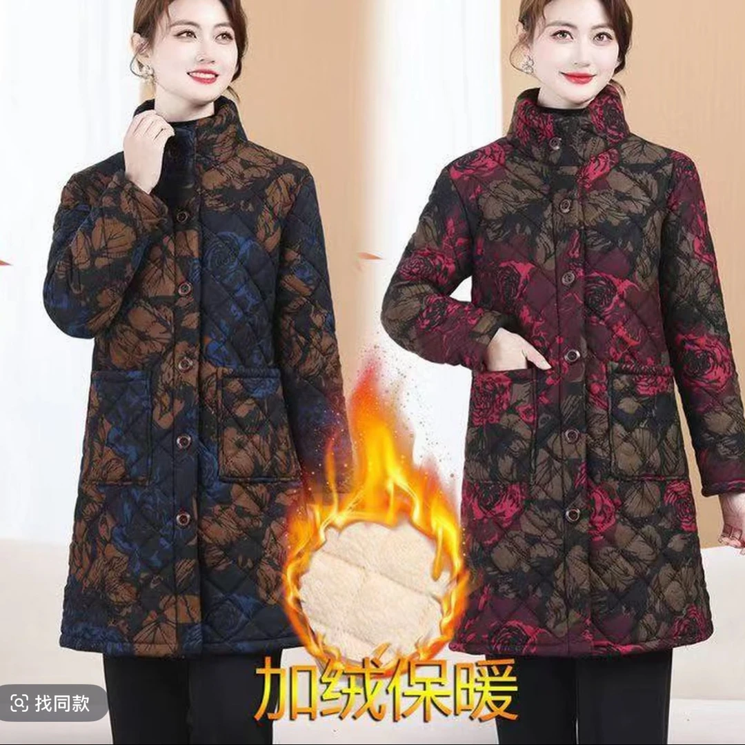 中老年新款妈妈冬季加绒加厚保暖立领中长款棉衣外套