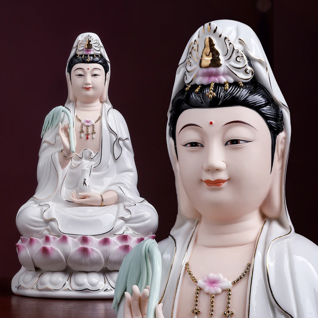 七珍如意观/音坐像德化白瓷家用客厅装饰南海观/音描金彩