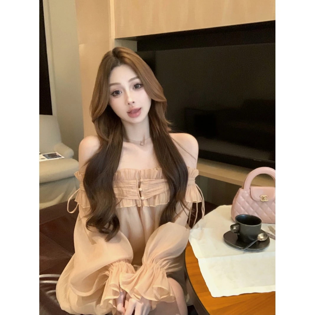 一字肩法式长袖雪纺连衣裙女夏季气质宽松短裙设计感a字裙子