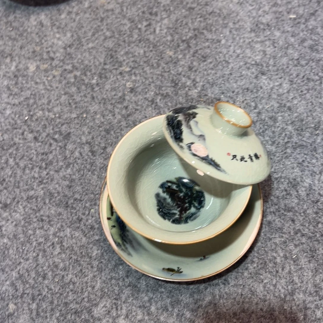 淘泥只此青绿山水元宝盖碗微瑕