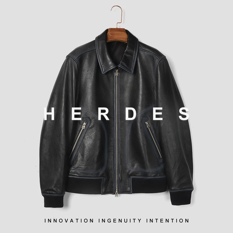 HERDERS 黑色翻领修身短款经典秋冬款皮衣245820