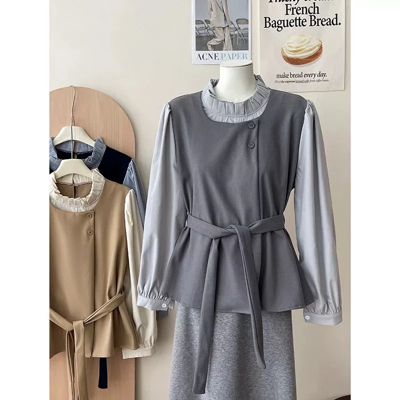 秋冬新款假两件拼接衬衫气质百搭毛呢上衣061