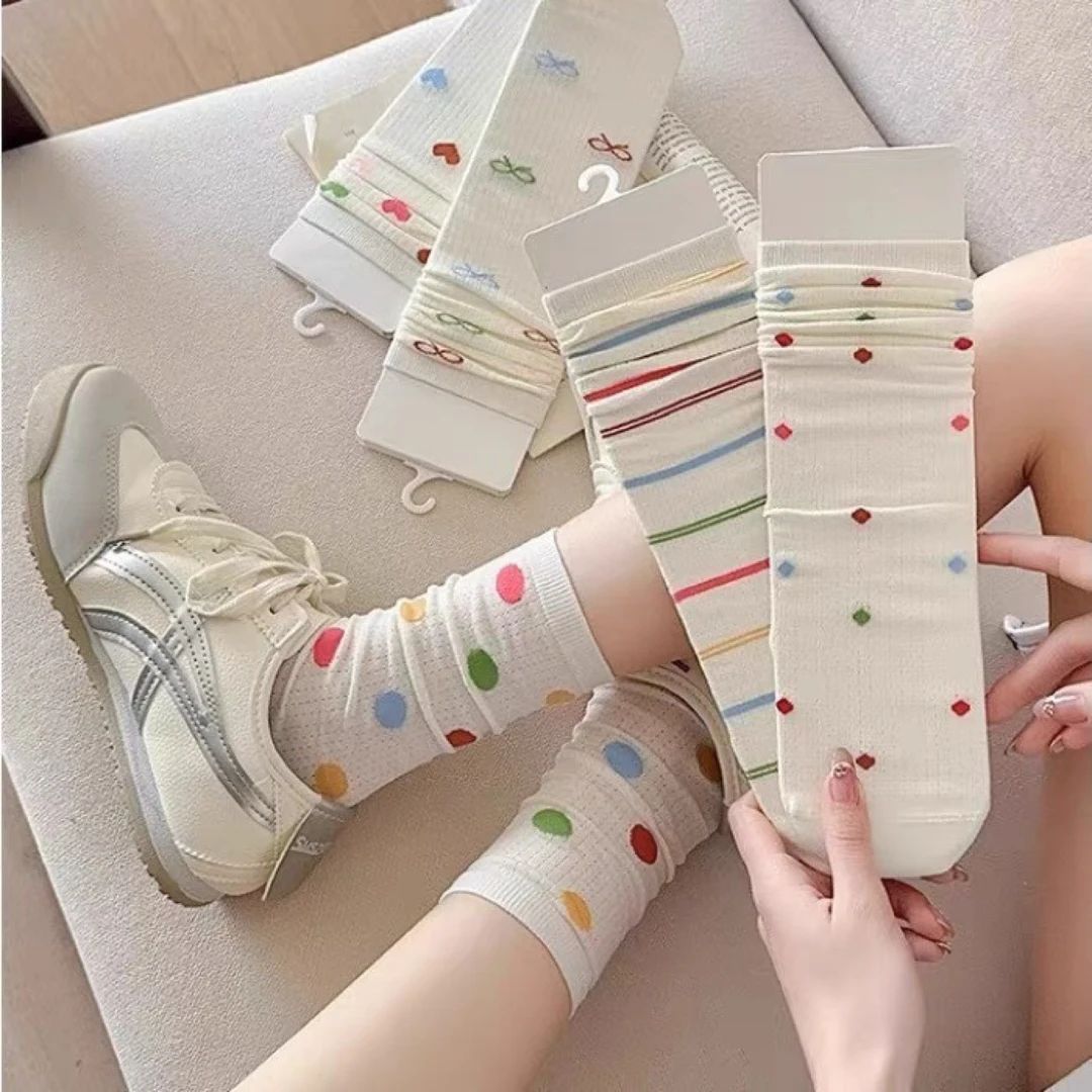 多巴胺女中筒袜子可爱网眼彩色波点透气