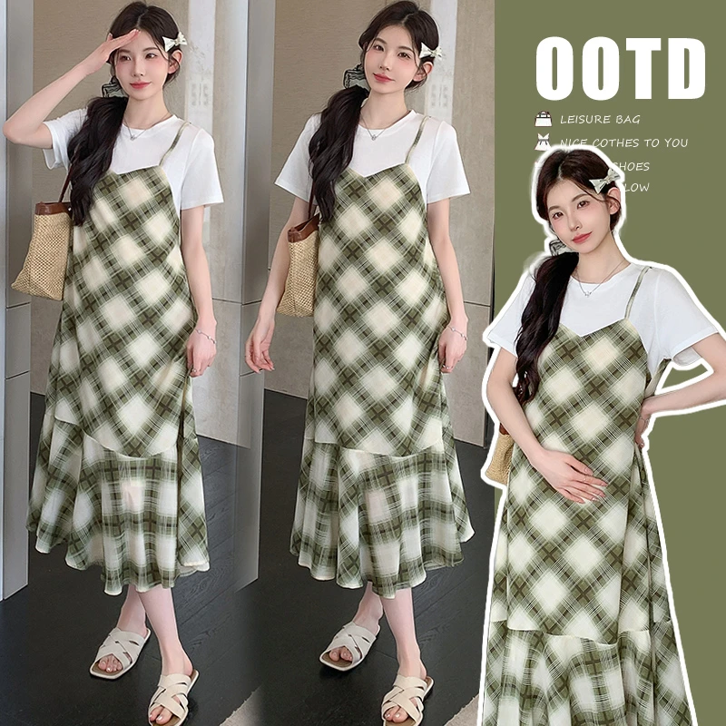 2025新款孕妇夏装时尚显瘦中长款宽松韩版格子孕妇装假两件连衣裙