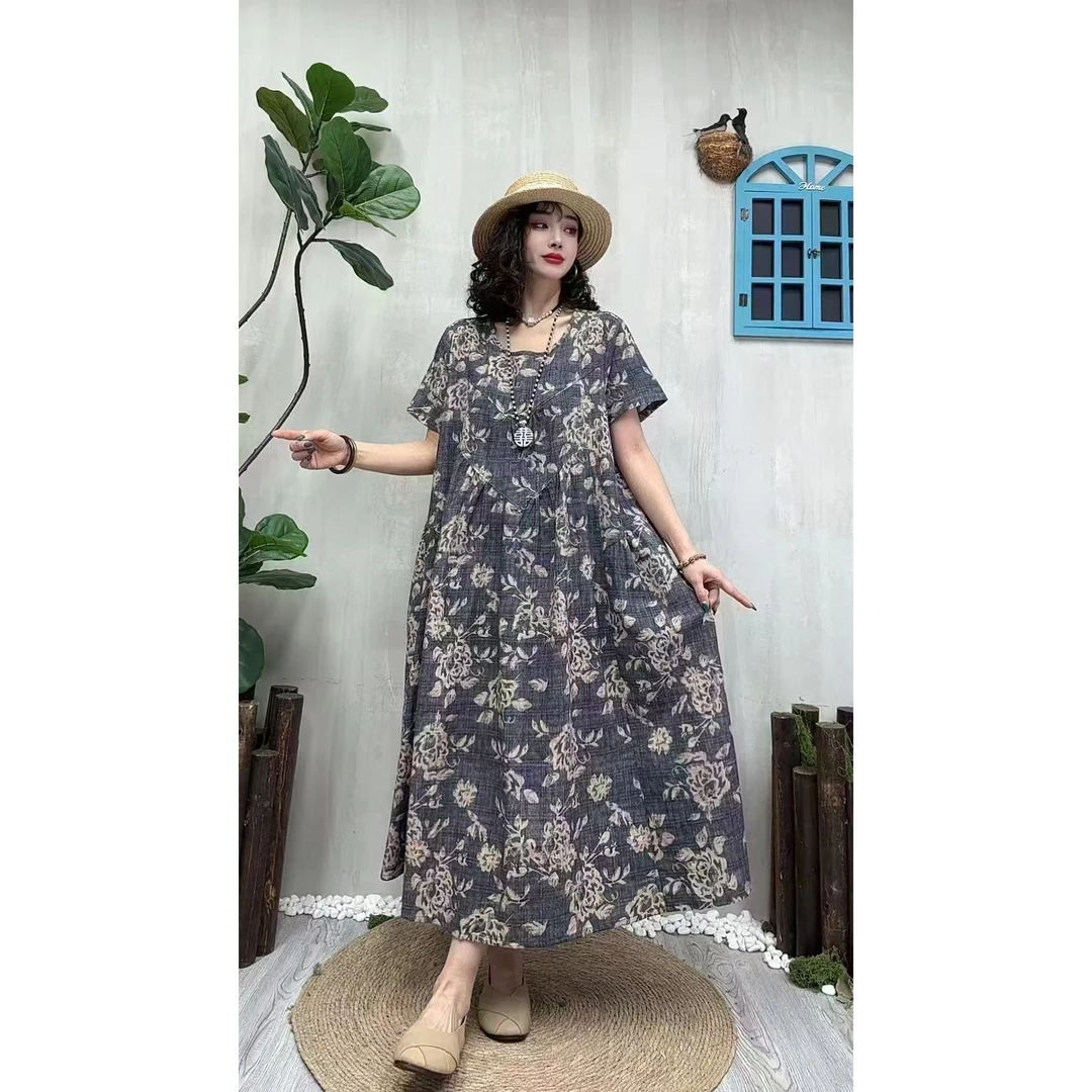 5277夏季新款显瘦气质时尚女百搭休闲文艺复古印花洋气宽松连衣裙
