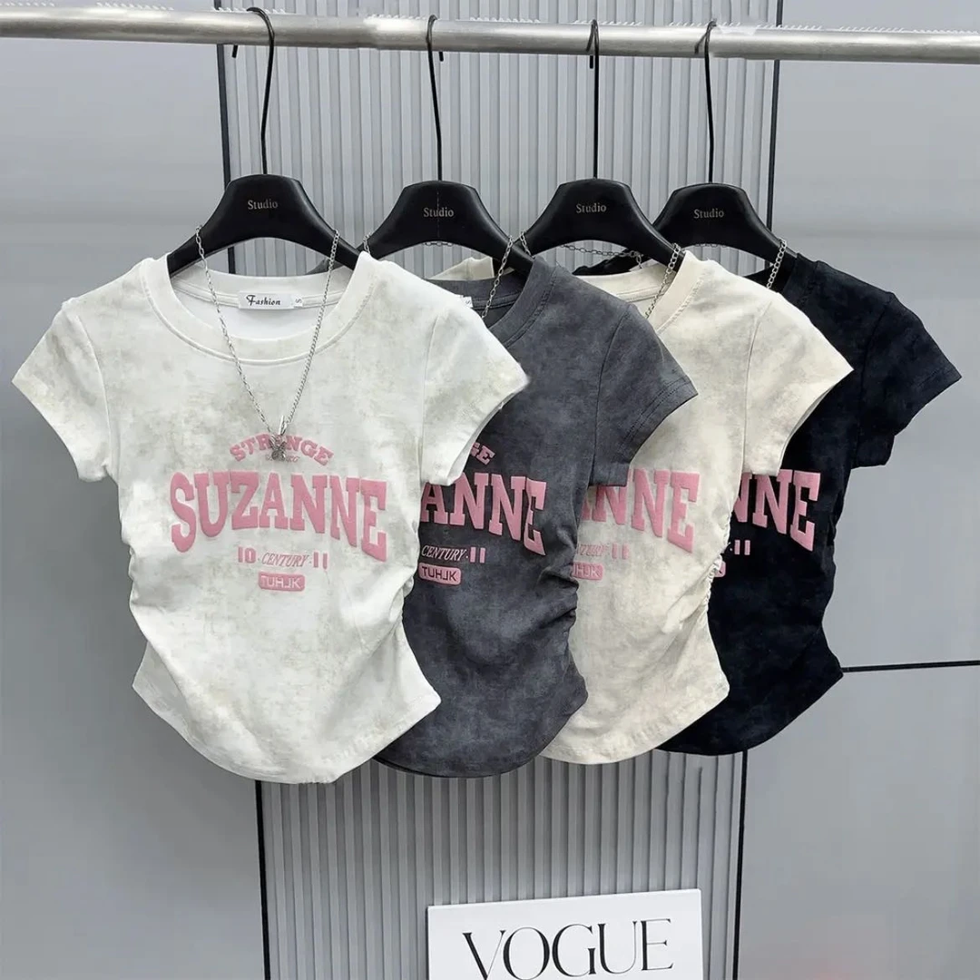 潮牌扎染粉色字母短袖t恤2025年夏季显瘦褶皱收腰韩版圆领百搭