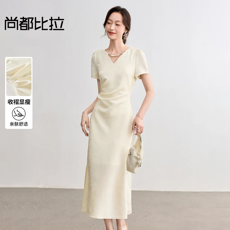 尚都比拉收褶藏肚国风优雅通勤串珠链条提花短袖通勤连衣裙B2072