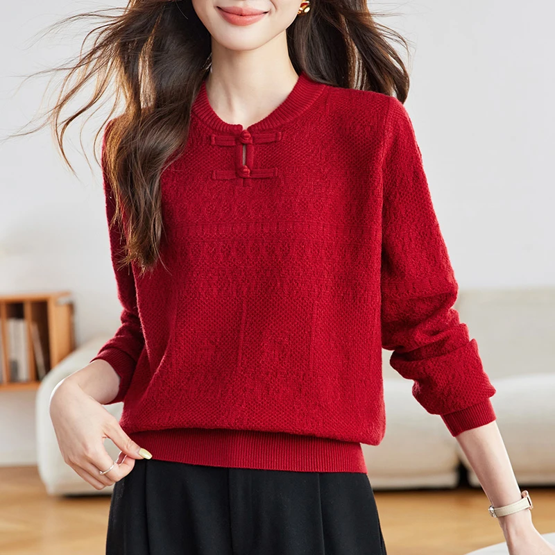 新中式大红色毛衣女秋冬2025新款春秋长袖针织衫上衣气质打底小衫