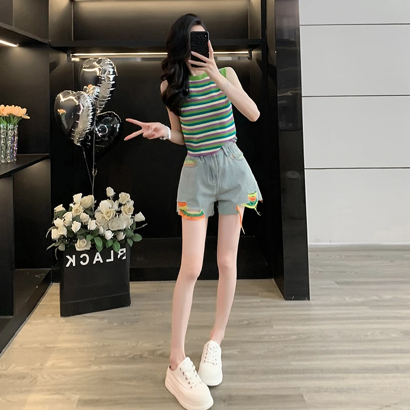 欧货休闲运动套装女夏高级感新款条纹无袖上衣牛仔短裤两件套