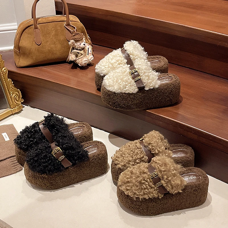 超高跟厚底毛毛拖鞋女外穿2025秋冬爆款松糕坡跟泰迪卷毛绒棉拖鞋