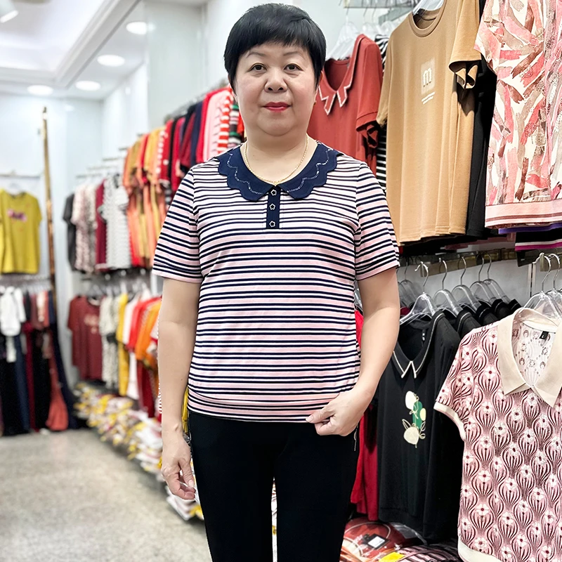 夏装新款妈妈装条纹短袖T恤粉色时尚减龄中老年人半袖休闲上衣女