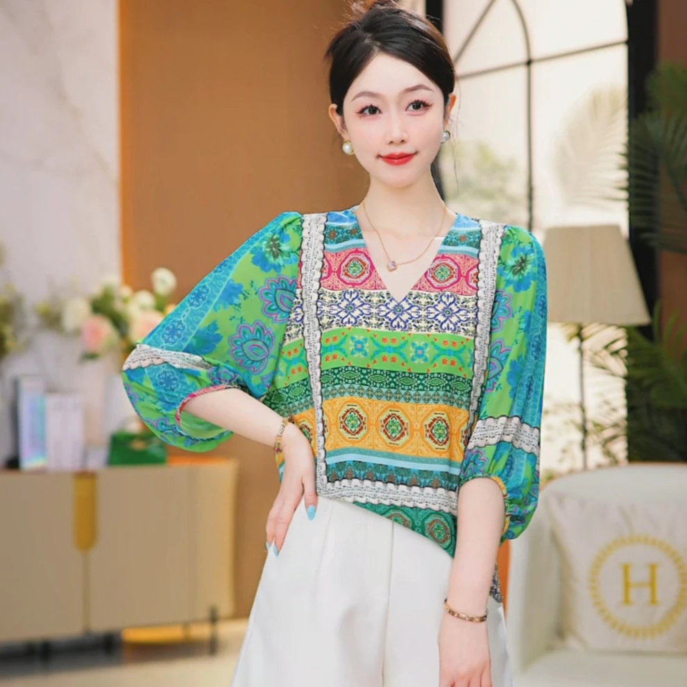 现货【绿野斑斓】衬衫女2025新款薄款遮肚显瘦时尚气质百搭洋气上衣
