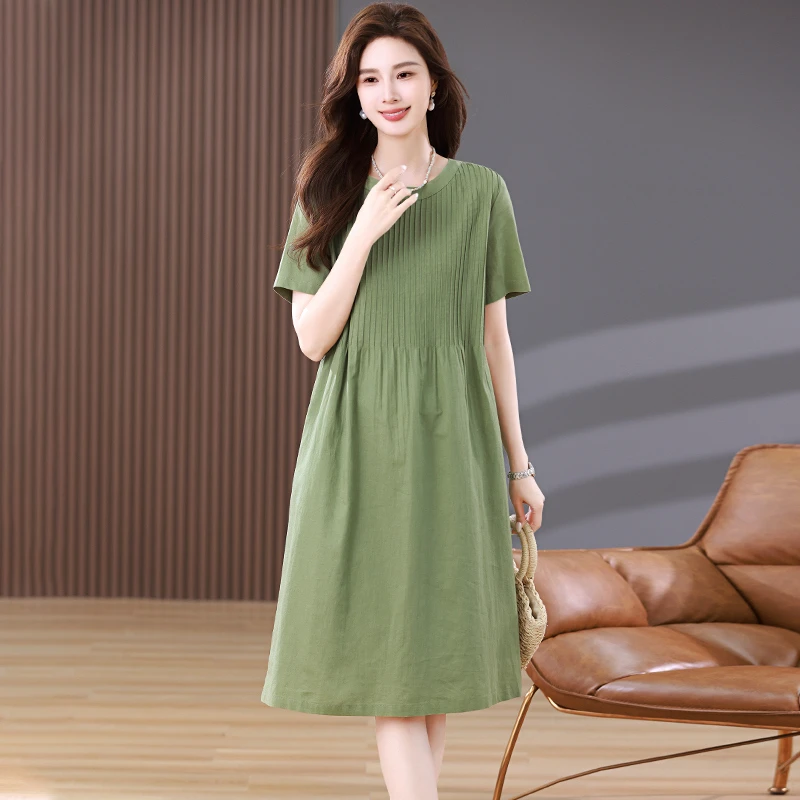 棉麻连衣裙女夏2025新款时尚宽松中年妈妈遮肚子显瘦休闲直筒裙子