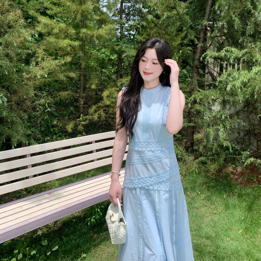 【Y-25-68】无袖拼接高腰纯色法式连衣裙设计感显瘦女装复古