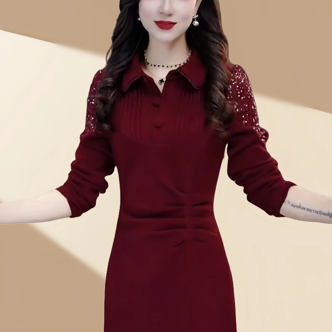 时尚气质设计感长袖连衣裙2024秋冬新款显瘦中长款加绒百搭打底裙