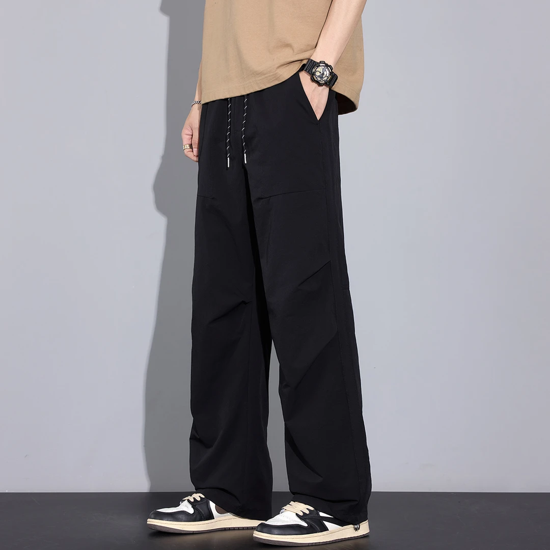 Kuvine潮牌2025夏季新款休闲裤男宽松直筒凉感透气薄款黑色男裤子