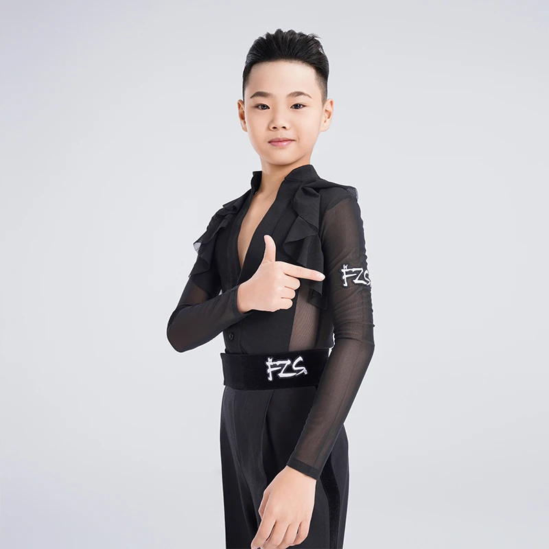 FZS DANCE 2025新款NS042 荷叶边网纱拼接大V领长袖上衣 双色可选