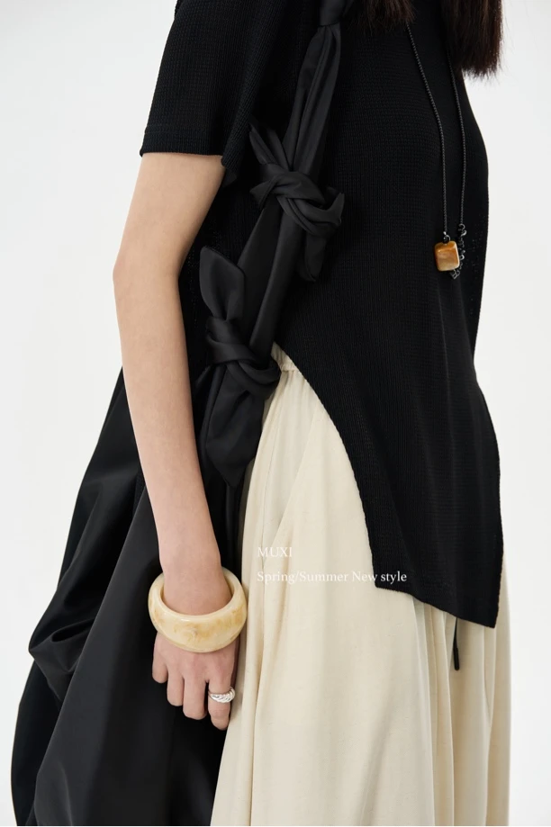 【MUXI】—SFR—1757不对称抽绳上衣开叉短裙盐系设计显瘦夏季新款