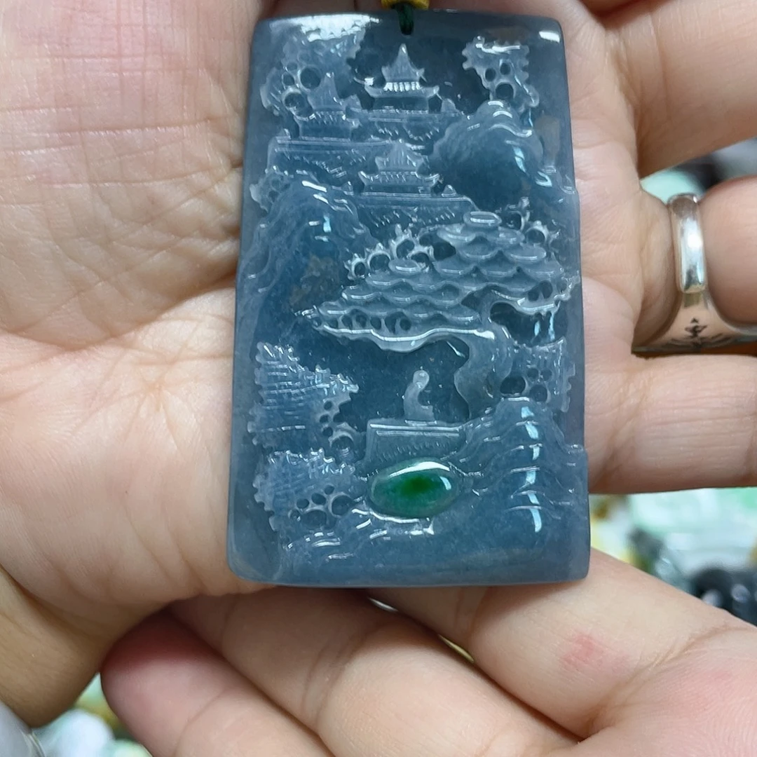 翡翠未镶嵌颈饰蓝水山水吊坠
