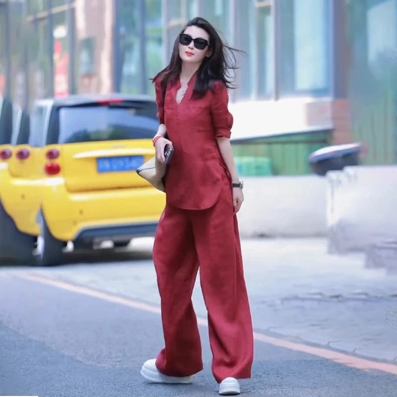 2025夏季新款宽松V领上衣+阔腿直筒裤休闲凉快显瘦两件套装女