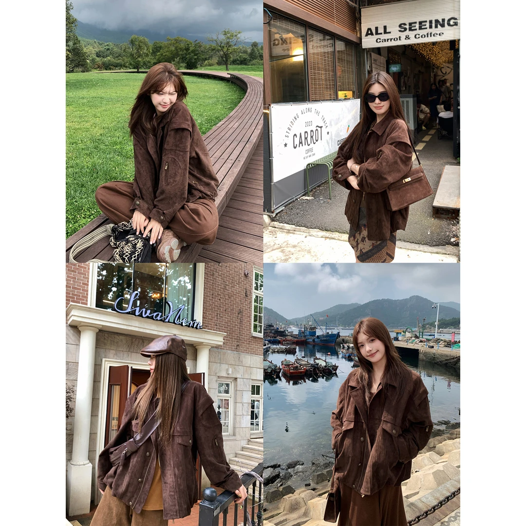 小君君布兰妮 巴塞罗那/复古做旧立体花苞捏褶夹克外套