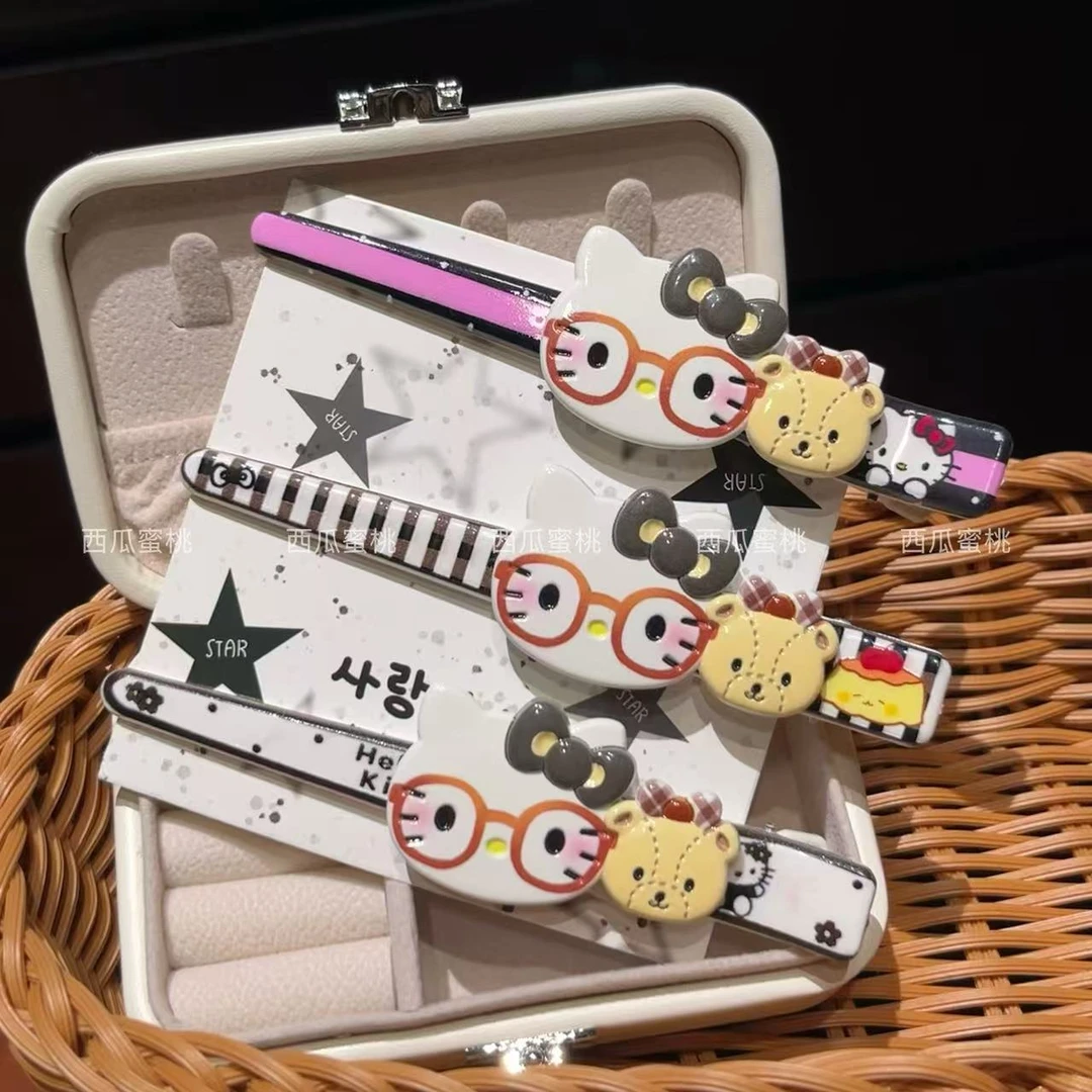 咖色系猫咪眼镜大号长款鸭嘴夹卡通可爱女孩风碎发秋季甜美少女心