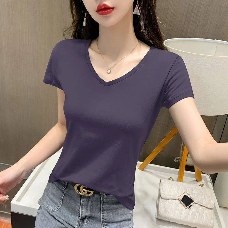 暗紫色短袖t恤女V领纯棉上衣修身女装2025新款半袖韩版百搭体恤
