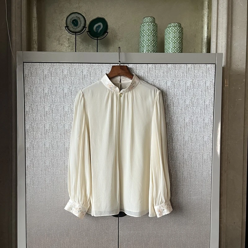 桑蚕丝衬衫气质时尚休闲百搭复古立领