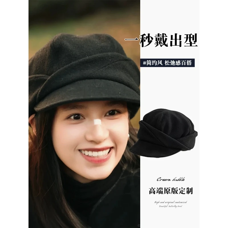 张婧仪同款黑色毛呢贝雷帽八角帽报童帽女秋冬季高级感复古帽子
