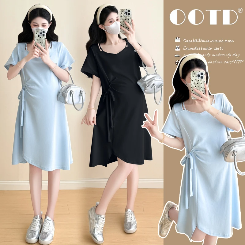 孕妇装夏季新款法式系带收腰连衣裙宽松中长款小个子气质夏天裙子