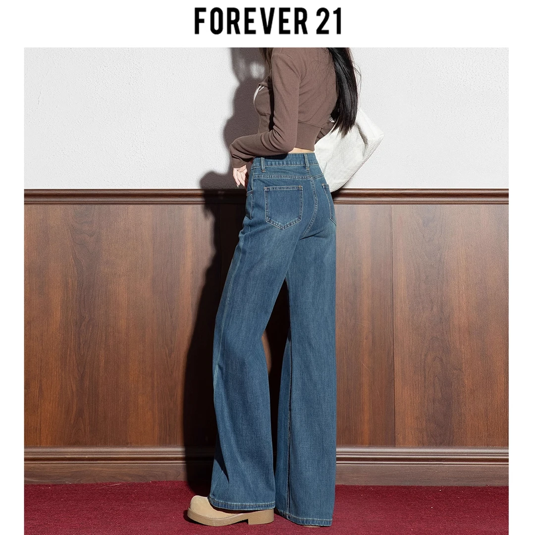 Forever 21秋冬新款高腰宽松显瘦微喇裤美式复古百搭垂感牛仔裤女