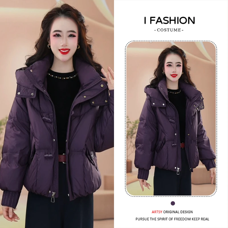 韩版简约风纯色长袖棉服女士2025年冬季新款加棉保暖宽松开衫外套