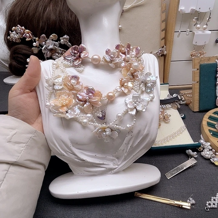 水晶纱三条项链珍珠花繁花项链