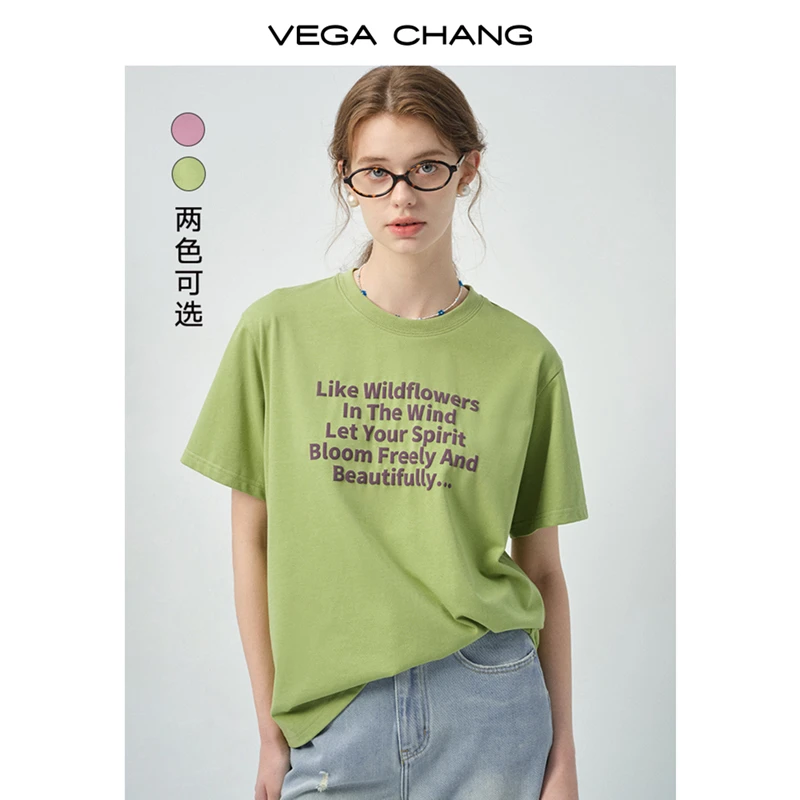 VEGA CHANG短袖女t恤2025新款夏季字母印花圆领宽松上衣0696LW