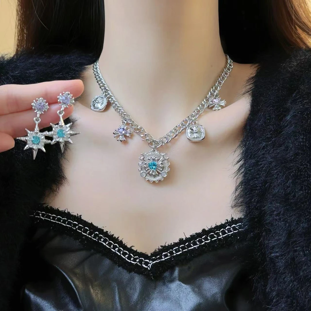 铜合金项链 7721 Y2K辣妹彩钻星芒项链耳饰亚文化朋克小众颈链潮