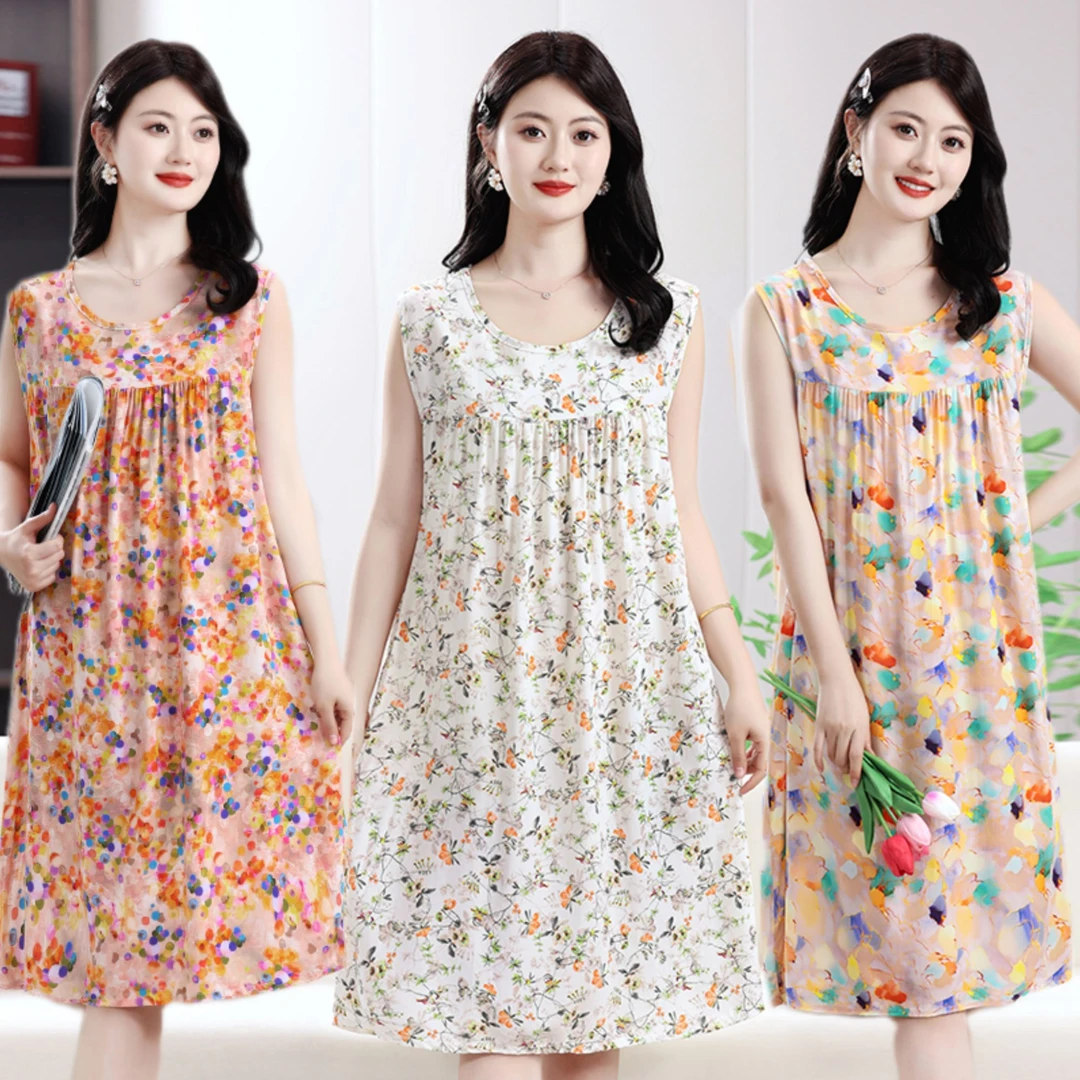 衣服棉绸透气裙子无袖碎花夏季薄款睡裙中长款母亲节裙子女士夏天