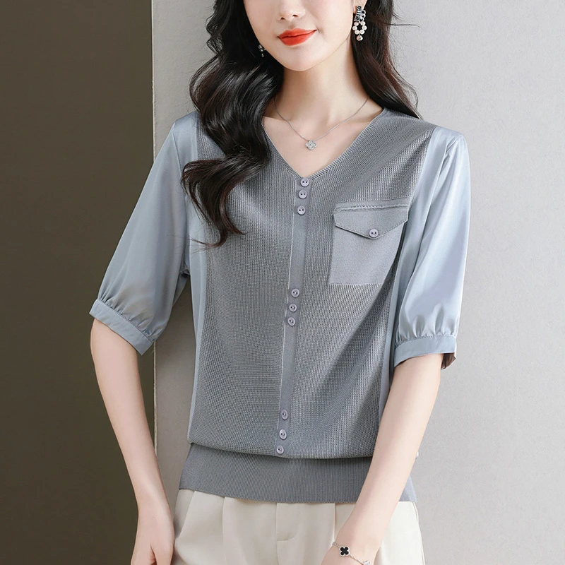 V领小香风拼接短袖T恤2025新款夏季气质减龄薄款针织衫时尚小衫女