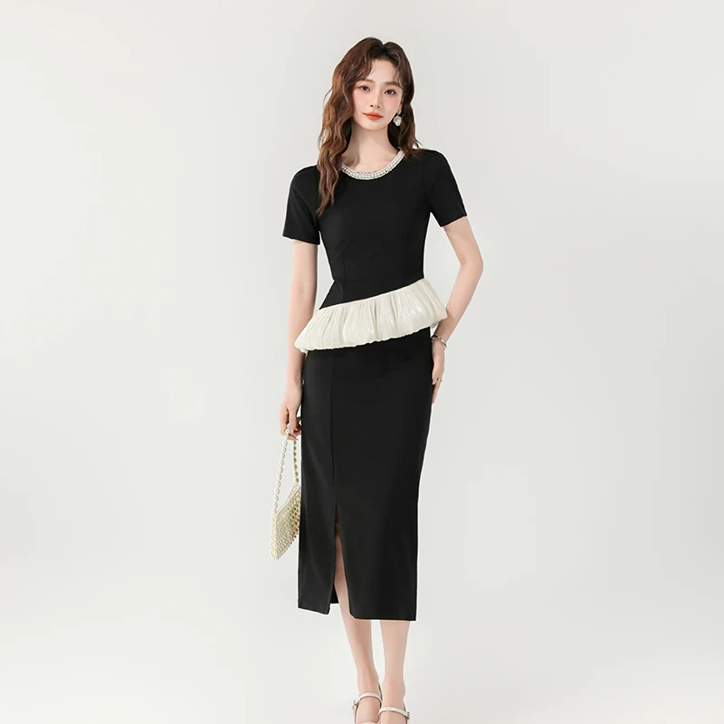 2025夏季新款名媛气质圆领钉珠荷叶边显瘦长款开叉两件套装裙