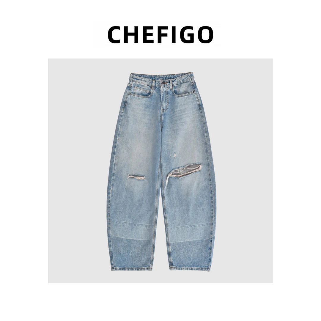 CHEFIGO拼接裤脚破洞牛仔裤