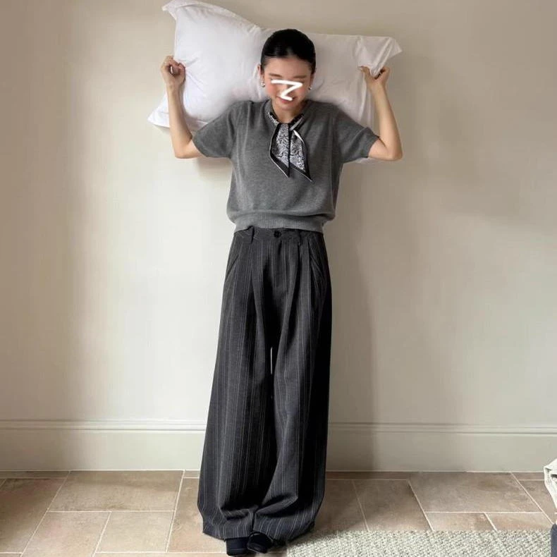 老钱风初秋穿搭套装短袖针织衫上衣女装秋季条纹西装休闲裤两件套