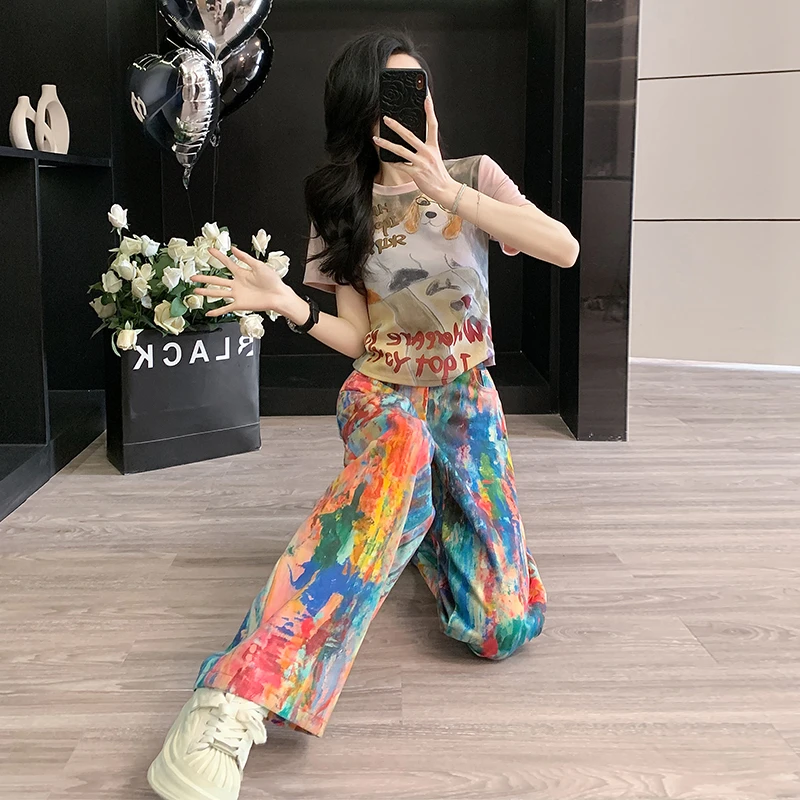 潮流炸街休闲运动套装女夏季新款时尚减龄正肩短袖T恤泼墨牛仔裤