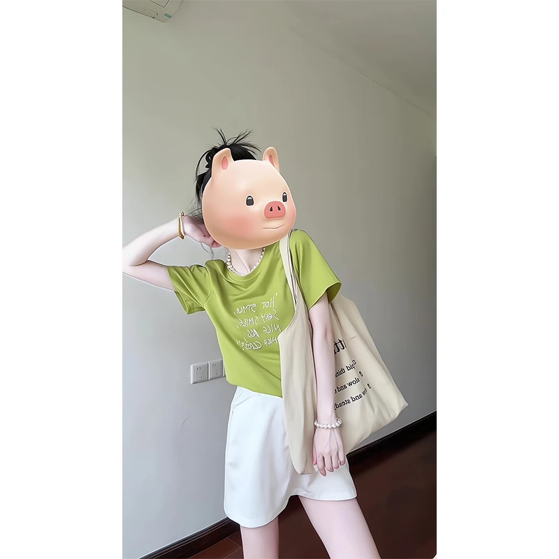 2025新款女士夏季韩版刺绣字母圆领短袖T恤上衣高腰显瘦半身裙