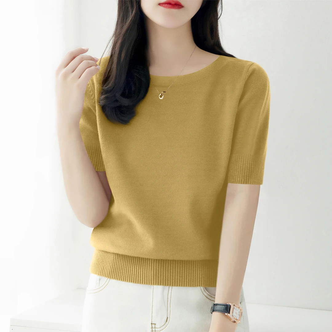 2025年新款时尚短袖显瘦针织衫女夏季薄款一字领百搭宽松上衣t恤