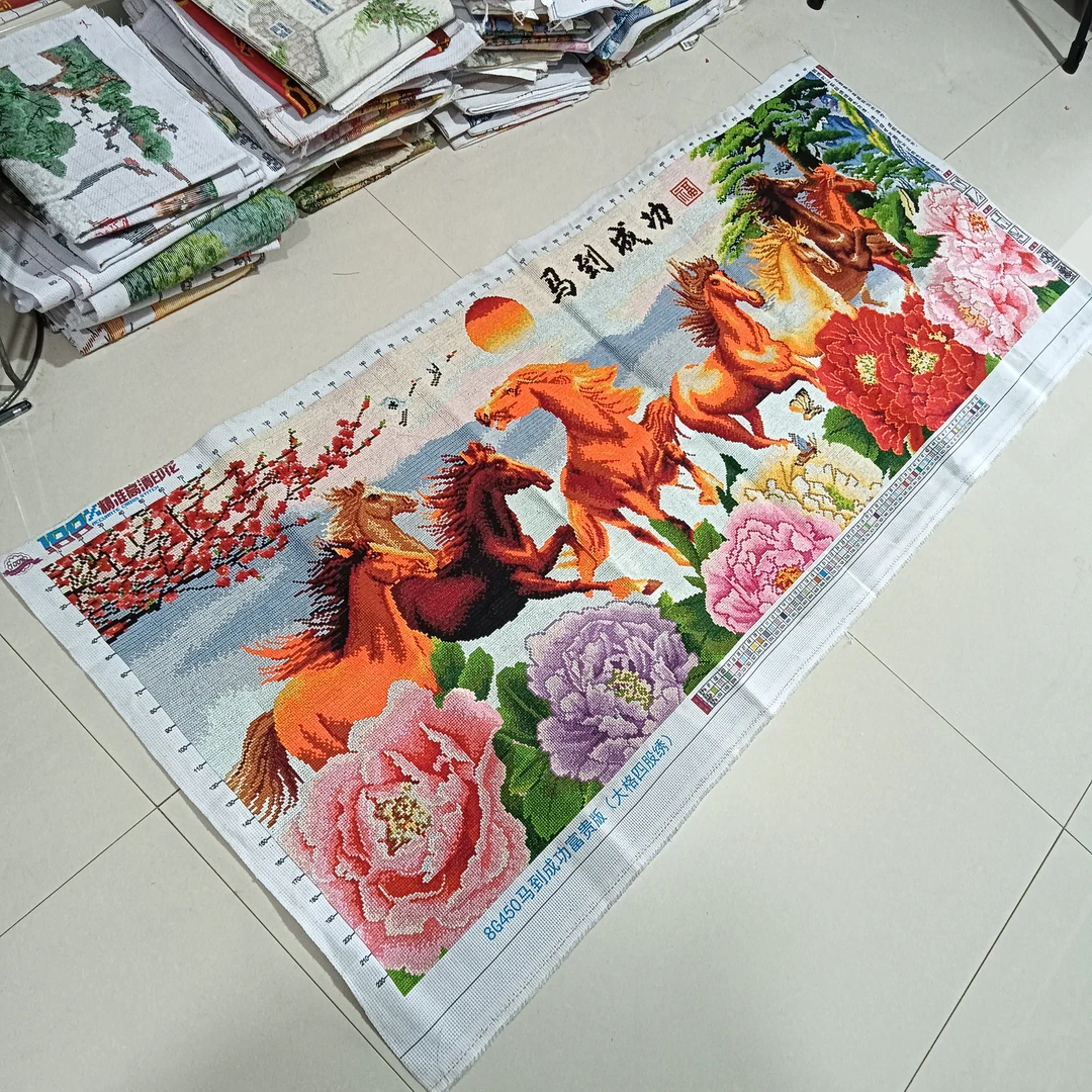 纯手工绣好的十字绣成品马到成功富贵版牡丹迎客松客厅装饰画出售
