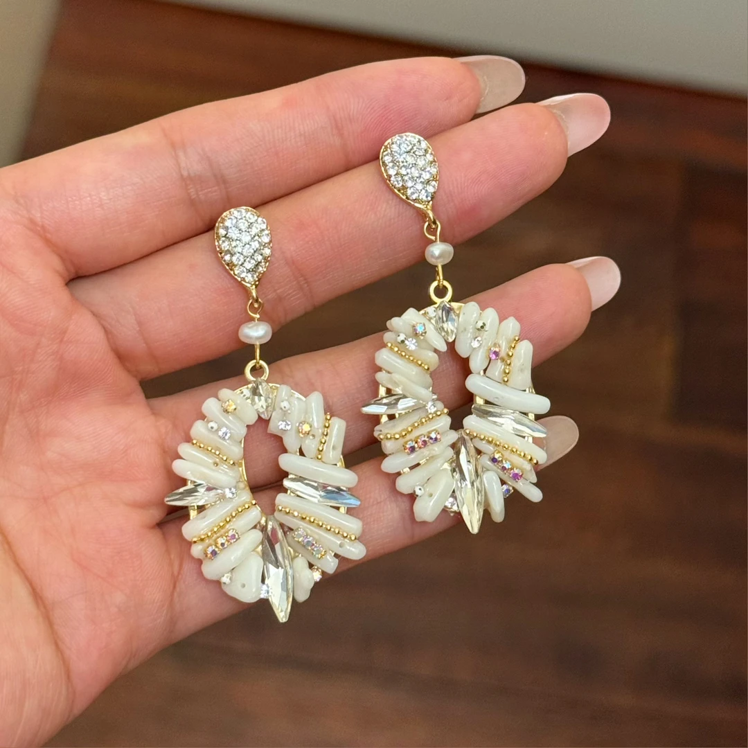 铜合金合成锆石耳饰 E0681  东大门定制手工白色波西米亚度假耳环